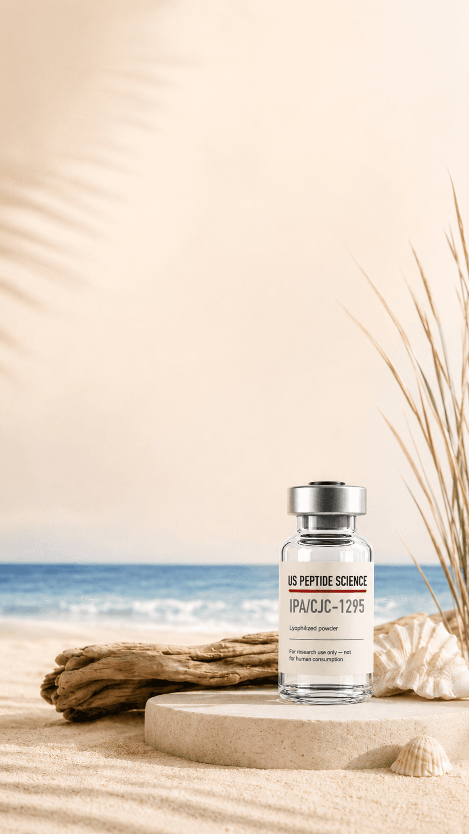 US Peptide Science research peptide vial on sandy beach